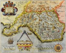 CHRISTOPHER SAXTON coloured and tinted antiquarian map - 'Glamorgan' with cartouche, decorative