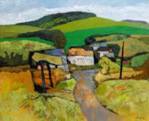 JOHN ELWYN oil on board - hilly landscape with lane to farmstead, signed in full verso, 50 x 60cms