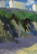 GWILYM PRICHARD oil on canvas - view of Tenby town from the beach, entitled verso 'Tenby', signed