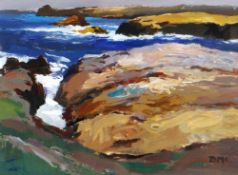 DONALD McINTYRE acrylic on board - entitled 'Rocky Coast No.3', signed and dated 1969, 38.5 x 28.