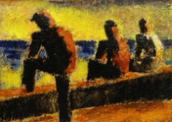 JOSEF HERMAN oil on board - three figures at a seawall, entitled verso on Boundary Gallery label '