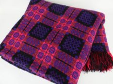 GOOD WELSH WOOLLEN BLANKET in pink, purple and black traditional geometric pattern, fringed, 222 x
