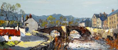 CHARLES WYATT WARREN oil on board - River Conwy at Llanrwst with bridge, signed, 24 x 54cms