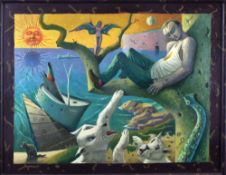 JOHN CHARLESWORTH acrylic on board - surreal composition with forlorn figure in tree, ferocious
