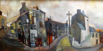 JOHN UZZELL EDWARDS gouache on board - South Wales valleys street scene, possibly Merthyr, unsigned,
