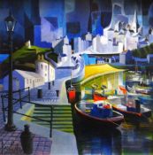 ERIC BRADFORTH oil on board - view of Tenby with boats, signed and dated '95, 25 x 25cms