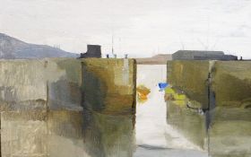RICHARD O'CONNELL oil on canvas - entitled 'South Dock Basin, Swansea Docks', signed with