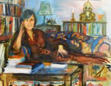 ISHBEL McWHIRTER oil on canvas - unframed interior scene, portrait of a seated lady with numerous