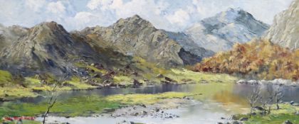 CHARLES WYATT WARREN oil on board - Snowdonia summer landscape, entitled verso 'Llyn Dinas, Nant