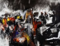 IAN ROBERTSON mixed media - harpist and orchestra in full swing, signed and dated '99, 63 x 81.5cms