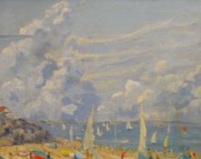 CHARLES WYATT WARREN oil on board - busy and bright beach scene, entitled 'Abersoch Beach with South
