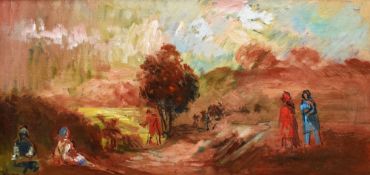 ANDREW VICARI oil on board - landscape with figures, entitled verso 'Watchers in a Fell', signed,