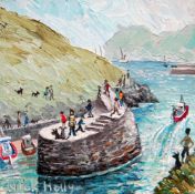 NICK HOLLY oil on canvas - figures on a harbour wall, entitled verso 'Boscastle Harbour,
