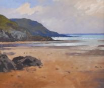 GARETH THOMAS acrylic on board - Gower beach, entitled verso 'Caswell Towards Whiteshell Point',