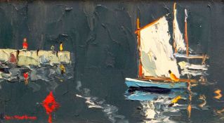 CHARLES WYATT WARREN oil on board - harbour wall and sail boats, signed, 19 x 33cms