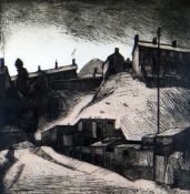 GEORGE CHAPMAN artist's proof coloured etching - South Wales valley street with figures and pigeon