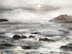 PETER JOHN JONES acrylic on canvas - South Wales coastal scene with castle, entitled 'Estuary Moon -