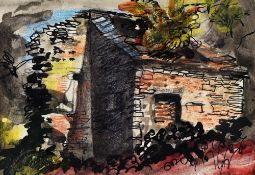JOHN PIPER watercolour - entitled verso on J S Maas & Co limited label, 'A Ruined House', 8.5 x
