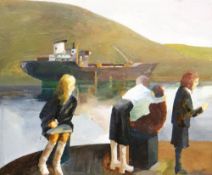 RICHARD O'CONNELL oil on canvas - entitled 'Figures by the Prince of Wales Dock, Swansea', dated