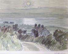 SIR KYFFIN WILLIAMS RA print - Caernarfonshire sunset with buildings on a sloping hill, signed fully