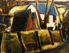 WILL ROBERTS oil on board - building, chicken and figure in garden, entitled to frame 'Farm at