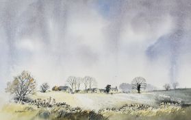DAVID BELLAMY watercolour - landscape with farm and trees, signed, 30 x 47cms