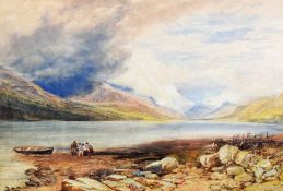 DAVID COX JR watercolour - expansive stormy scene over Bala lake of four figures drawing in their
