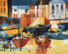 MOIRA HUNTLEY watercolour - harbour scene, entitled verso 'Abersoch Boats' on Red Rag Gallery