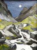 DAVID BARNES oil on board - rocky mountain scene with cascading stream and moon, entitled verso '