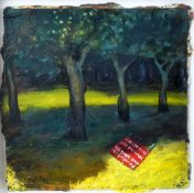 MICHAEL GUSTAVIUS PAYNE oil on board - woodland with abandoned road sign, entitled verso 'When Red