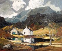 CHARLES WYATT WARREN oil on board - Snowdonia landscape with whitewashed cottage and silver birch