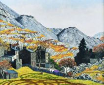 CHRISTOPHER HALL oil on board - North Wales quarry scene with group of houses and figure in a