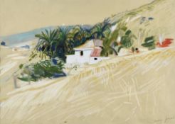 TERRY JONES pastel - continental coastal scene with palm trees and buildings (believed Portugal),
