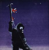JOHN WRIGHT watercolour - mountaineer with ice pick and Union Jack flag, entitled verso 'Conquest of