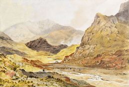 ATTRIBUTED TO REVEREND WILLIAM GILPIN (1724 - 1804) unframed watercolour - Snowdonia with figures,