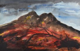 DAVID HUGHES mixed media - view of mountains entitled verso `Garn Fawr`, signed, 37 x 55cms
