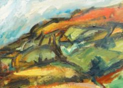 PETER PRENDERGAST oil on canvas - landscape with farmstead, signed canvas verso and with original