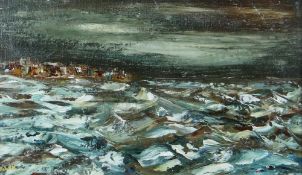 KAREL LEK oil on board - coastal scene with believed Beaumaris town, entitled verso 'March Sea',