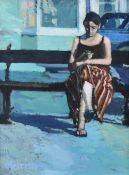 MEIRION JONES acrylic on board - single female figure seated on a bench, signed, 34 x 26cms