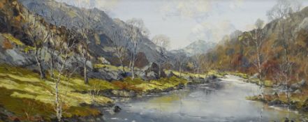 CHARLES WYATT WARREN oil on board - river scene with silver birches and mountains of Snowdonia,