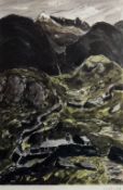 SIR KYFFIN WILLIAMS RA inkwash print - rugged Snowdonia scene with small holding at the base of