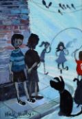 NICK HOLLY mixed media on card - children playing on street corner with sitting dog, signed, 15.5