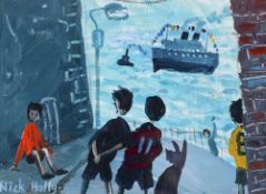 NICK HOLLY mixed media on card - entitled 'Boys Watching A Ferry - St. Thomas', signed, 11 x 15cms