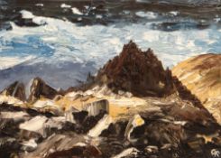 GWYN ROBERTS oil on canvas - North Wales mountain peak with dark sky in background, signed with