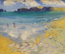 GWILYM PRICHARD oil on canvas - coastal scene with figures, entitled verso 'South Beach, Tenby',