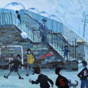 NICK HOLLY mixed media - children playing by a bridge next to a railway station in Cardiff, with