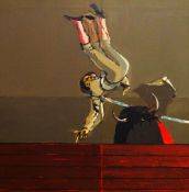 JOHN WRIGHT oil on canvas - bullfight with a losing matador being catapulted into the air,