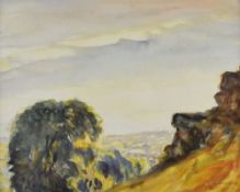 SIR GEORGE CLAUSEN watercolour - landscape, entitled on Fine Art Society label verso 'Wales,