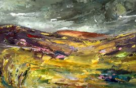 BETH ROBINSON oil on board - landscape with stormy sky, unsigned, 33.5 x 51cms