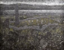 JONAS PLOSKY unframed oil on board - churchyard scene with old stone tower, 56 x 71cms